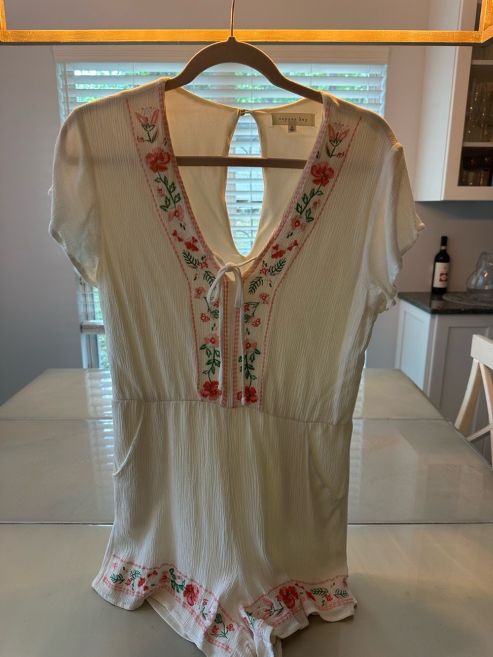 Copper Key Cream Embroidered V-Neck Tunic Romper with Pink & Green Floral Trim